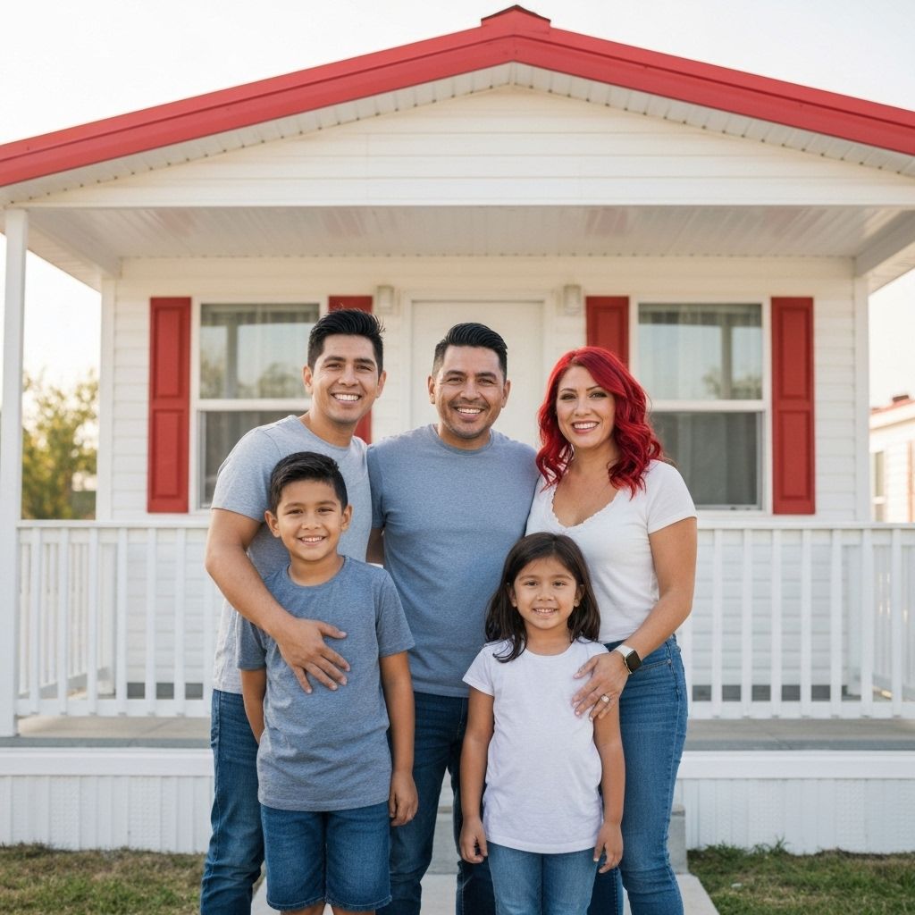 Happy family in front of their new mobile home