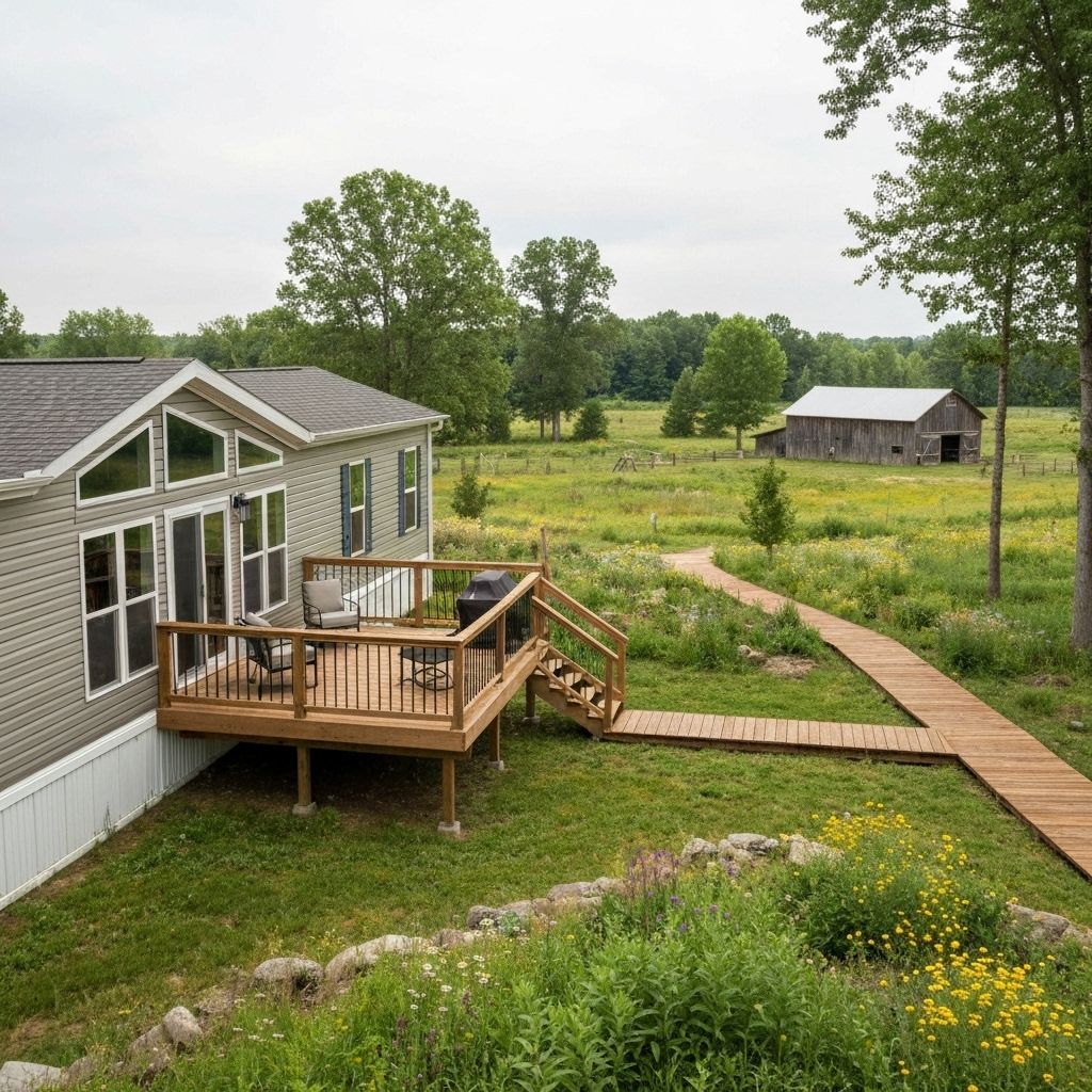 Modern mobile home with deck on rural property
